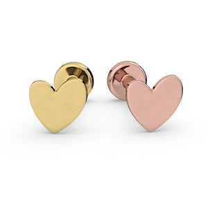 14k yellow gold and 14k rose gold asymmetrical heart flat back studs side by side for color comparison