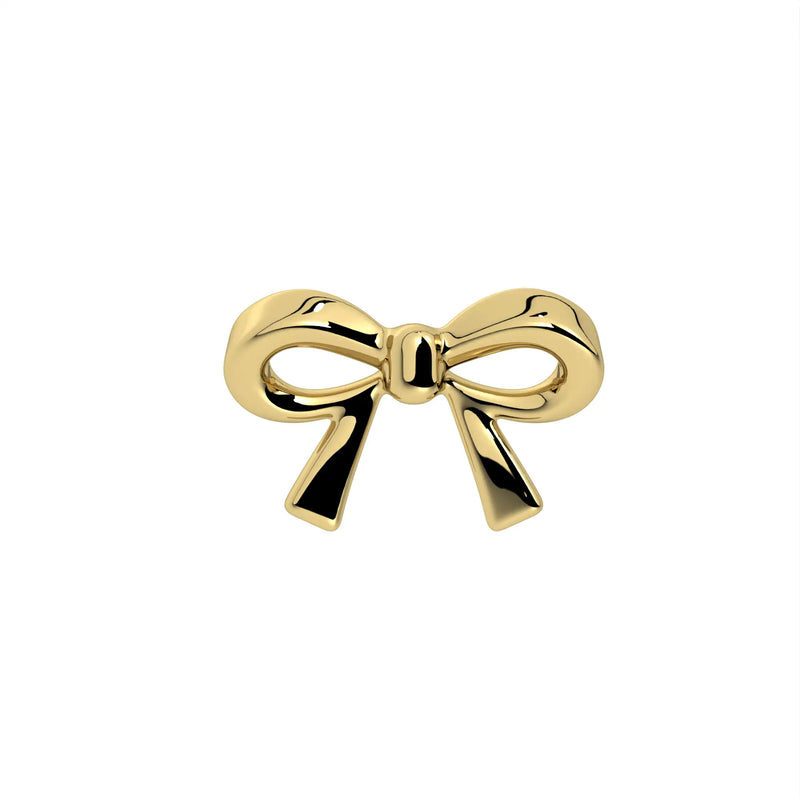 Close-up front view of 14k yellow gold classic bow labret top, showing sculpted knot and ribbon detail