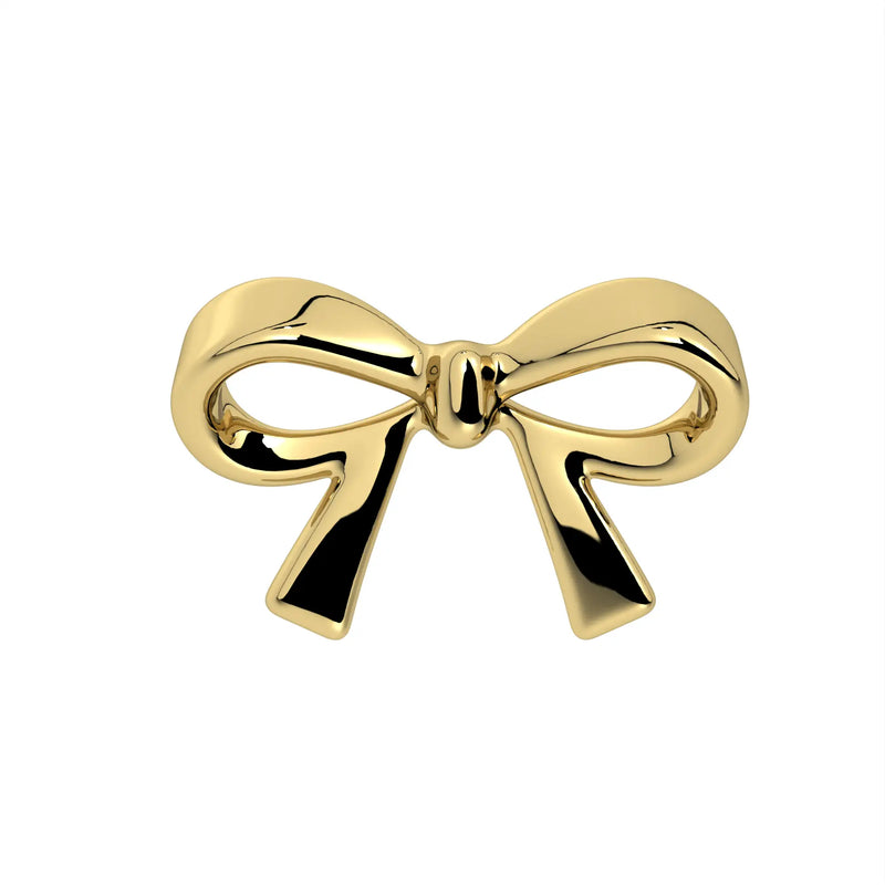 Front view of 14k yellow gold classic bow labret top, larger size showing full ribbon silhouette