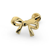 14k yellow gold mini bow flat back labret stud from opposite angle, showing ribbon loops and post detail