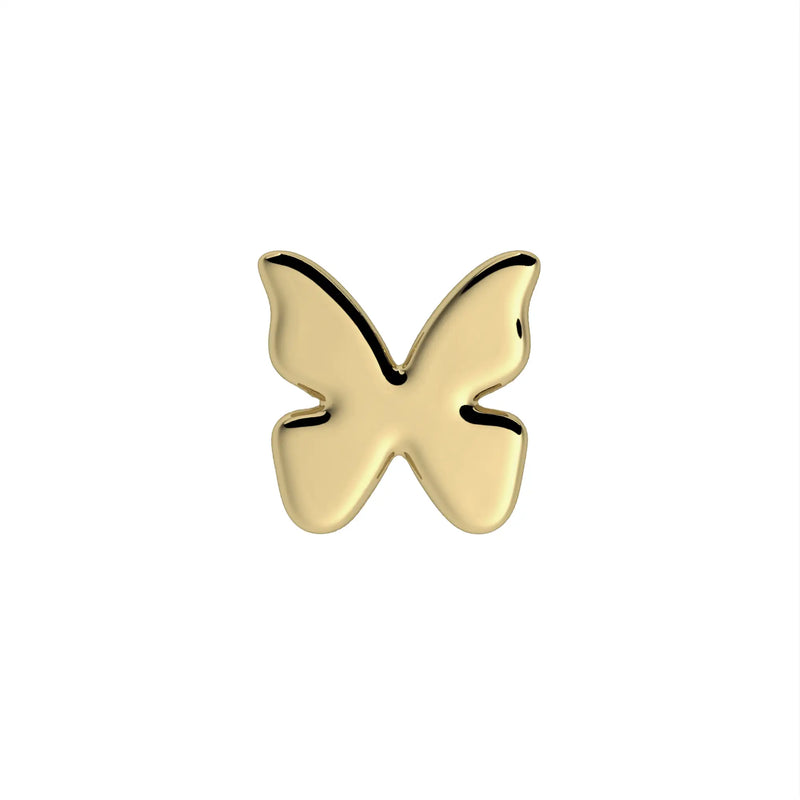 14k yellow gold butterfly flat back stud end, direct front view showing smooth polished 4mm wing detail