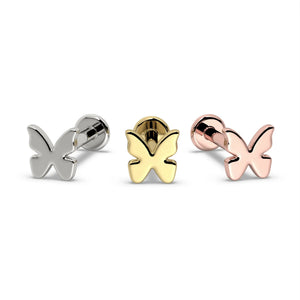 Butterfly flat back stud in all three 14k gold options: white gold, yellow gold, and rose gold side by side