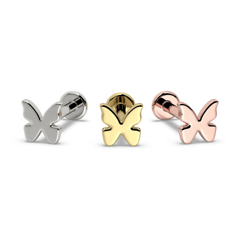 Butterfly flat back stud in all three 14k gold options: white gold, yellow gold, and rose gold side by side