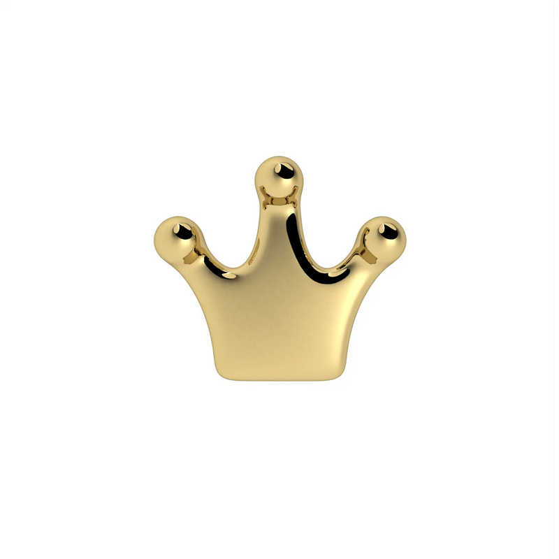 Direct front view of 14k yellow gold crown charm end, showing sculpted points and ball-tip details