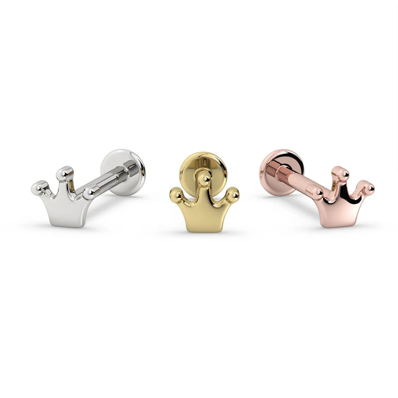 Crown flat back stud in all three 14k gold options: white gold, yellow gold, and rose gold side by side