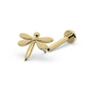 14k yellow gold dragonfly labret stud with post and flat backing separated, showing threadless pin