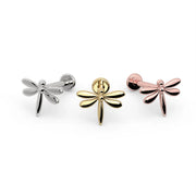 Dragonfly flat back stud in all three 14k gold colors: white gold, yellow gold, and rose gold