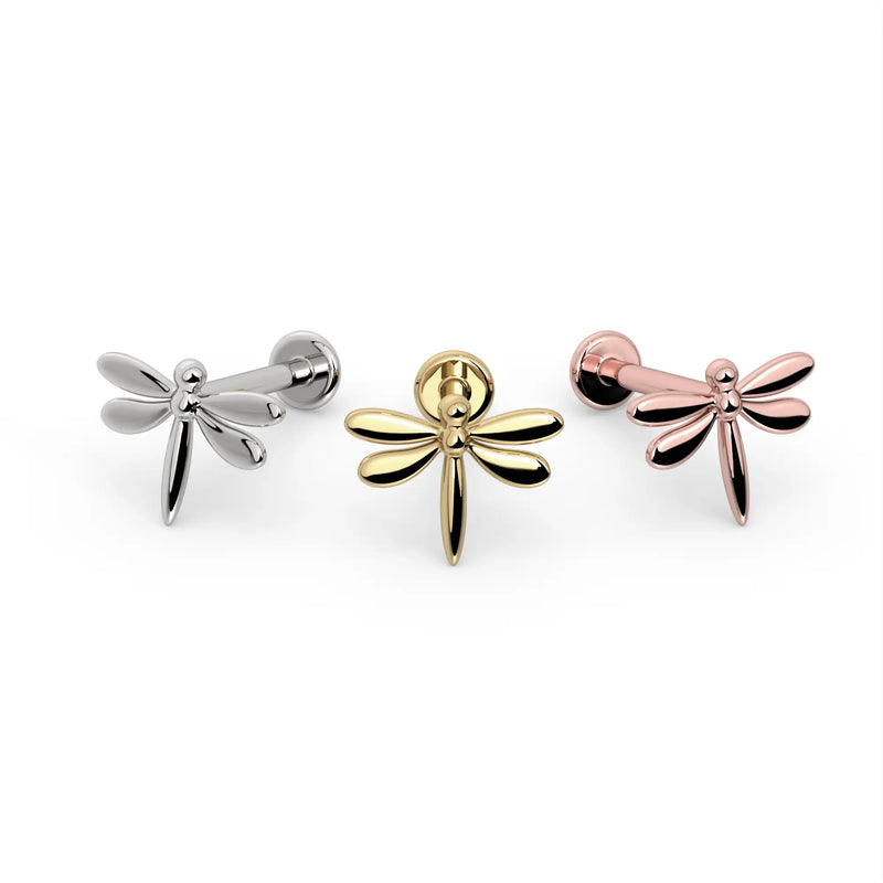 Dragonfly flat back stud in all three 14k gold colors: white gold, yellow gold, and rose gold