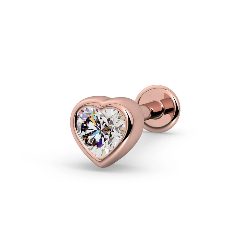 14k rose gold diamond heart bezel-set flat back stud earring, angled view on white background