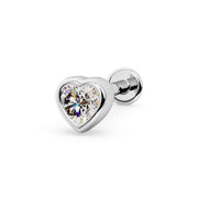 14k white gold diamond heart bezel flat back stud earring, angled view on white background