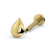 14k yellow gold droplet threadless flat back labret showing push-pin post and flat disc backing