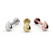 Droplet flat back stud in all three 14k gold options: white gold, yellow gold, and rose gold