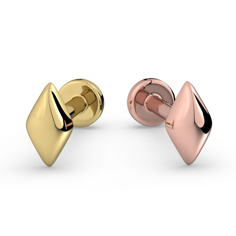 14K yellow gold and 14K rose gold geo diamond flat back studs side by side showing both metal color options