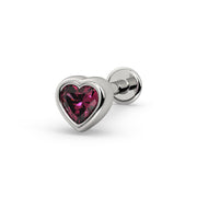 14k white gold rhodolite garnet heart flat back stud, angled view showing bezel-set deep rose garnet