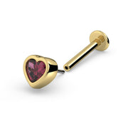 14k yellow gold rhodolite garnet heart labret showing threadless push-pin post separated from flat disc backing