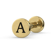 14k yellow gold engraved initial A flat back stud, angled view showing press-fit post and disc