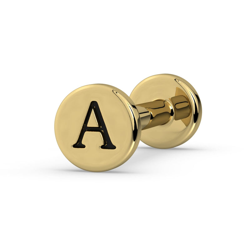 14k yellow gold engraved initial A flat back stud, angled view showing press-fit post and disc