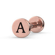14k rose gold engraved initial A flat back labret stud, angled view showing threadless push-pin post