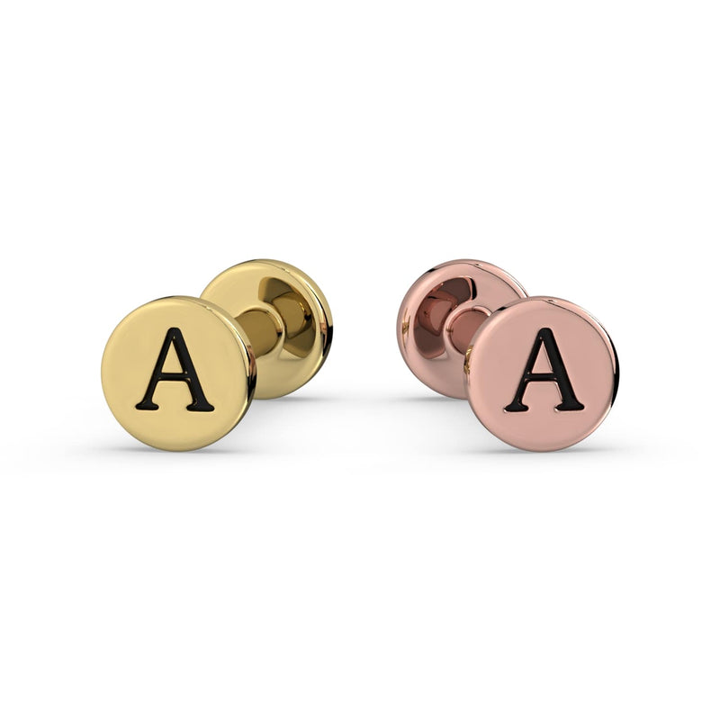 14k yellow gold and 14k rose gold engraved initial A flat back studs side by side for color comparison