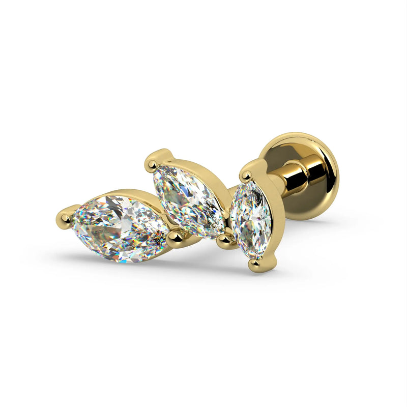 14k yellow gold marquise diamond cascade threaded flat back stud showing rounded disc backing and post