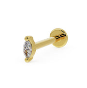 14k yellow gold marquise diamond flat back labret, angled view showing prong setting and disc back