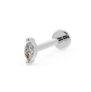 14k white gold marquise diamond flat back labret, angled view showing prong setting and disc backing