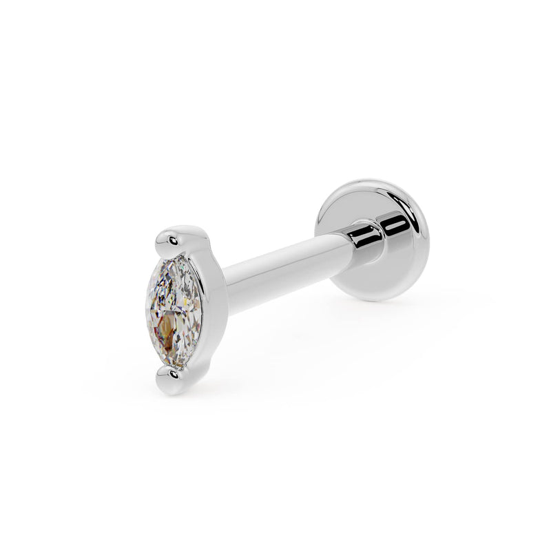 14k white gold marquise diamond flat back labret, angled view showing prong setting and disc backing