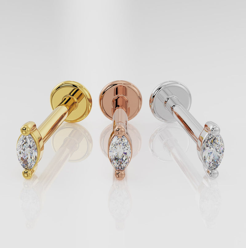 14k yellow gold, rose gold, and white gold marquise diamond flat back studs shown side by side