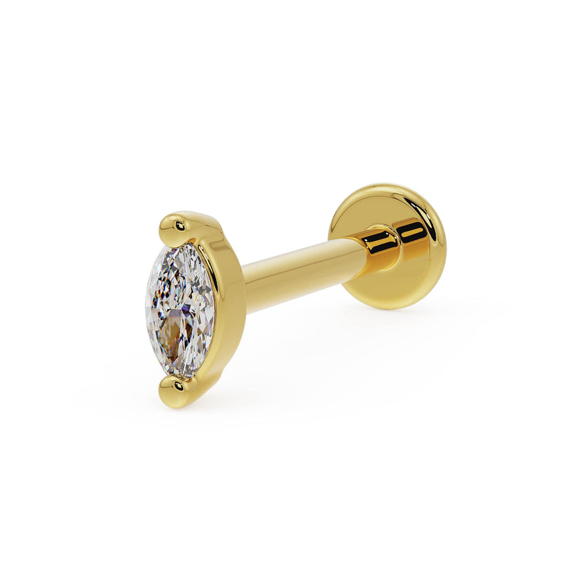 14k yellow gold 3mm marquise diamond flat back labret stud, angled front view on white background