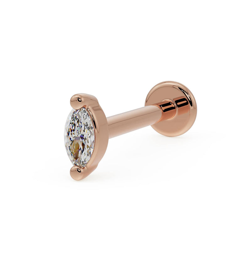 14k rose gold 3mm marquise diamond flat back labret stud, angled front view on white background