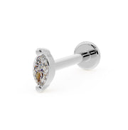14k white gold 3mm marquise diamond flat back labret stud, angled front view on white background