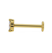 Side profile of 14k yellow gold marquise diamond flat back labret stud showing post length and flat disc back