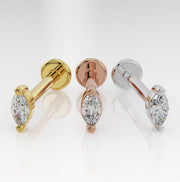 3mm marquise diamond flat back stud in all three metal options: 14k yellow gold, rose gold, and white gold