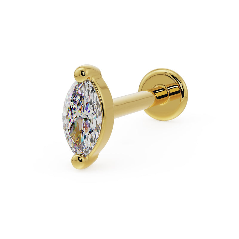 14k yellow gold 4mm marquise diamond flat back labret stud, angled view on white background