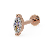 14k rose gold 4mm marquise diamond flat back labret stud, angled view on white background