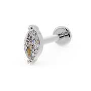 14k white gold 4mm marquise diamond flat back labret stud, angled view on white background