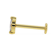 True side profile of 14k yellow gold marquise diamond flat back stud showing post and disc backing