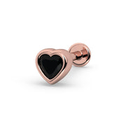 14k rose gold onyx heart flat back stud earring with bezel-set black stone, angled view