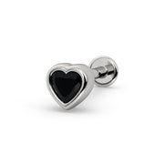 14k white gold onyx heart flat back stud earring with bezel-set black stone, angled view
