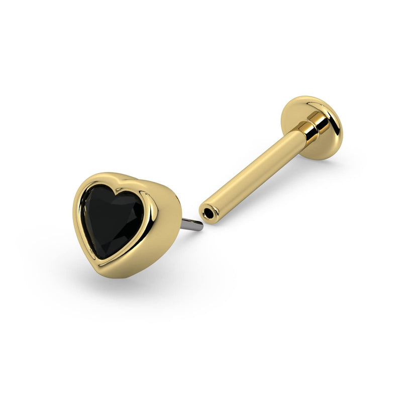 14k yellow gold onyx heart cartilage stud showing threadless push-pin end separated from flat back post