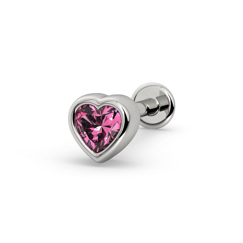 14k white gold pink sapphire heart flat back stud earring, angled view showing round disc backing
