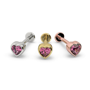 Pink sapphire heart flat back stud in all three metals: 14k white gold, yellow gold, and rose gold