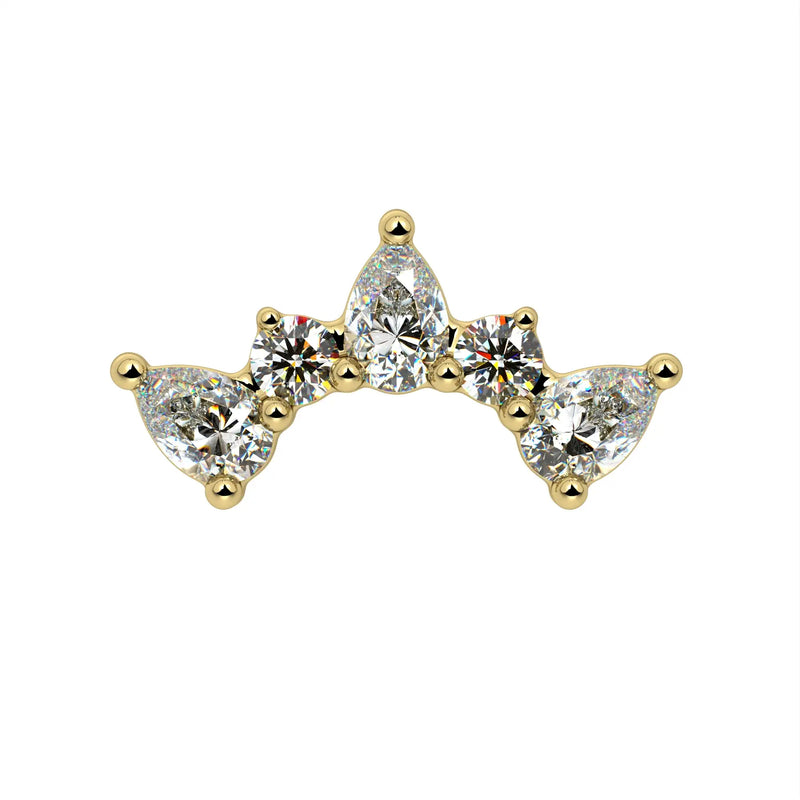 14k yellow gold diamond pear climber flat back stud, straight-on front view showing crown-like arc layout