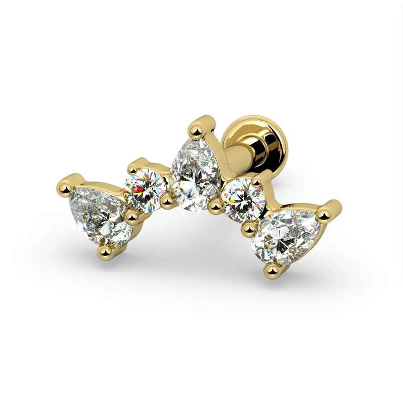 14k yellow gold diamond pear climber labret stud, side-angled view showing flat disc backing and post