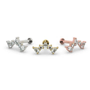Diamond pear climber flat back stud in all three metal options: 14k white gold, yellow gold, and rose gold