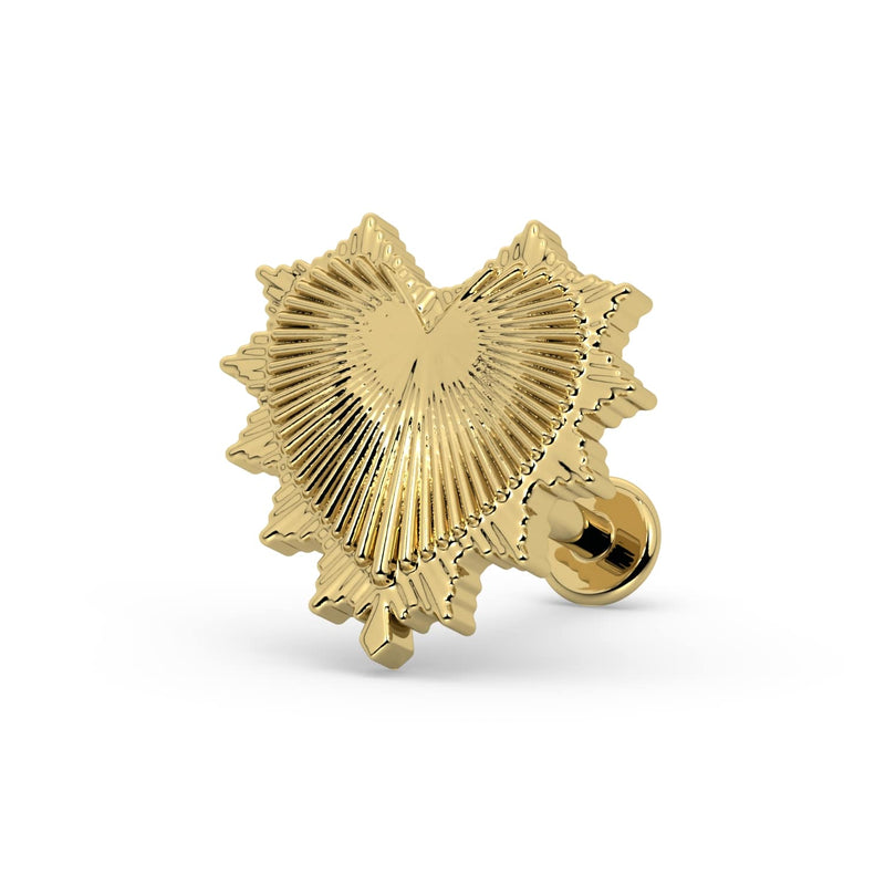 14k yellow gold radiant heart flat back stud, front view showing threaded disc backing on white background