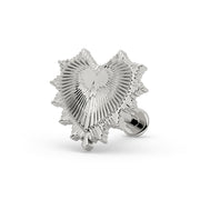14k white gold radiant heart flat back labret stud, front view with threaded disc backing, white background