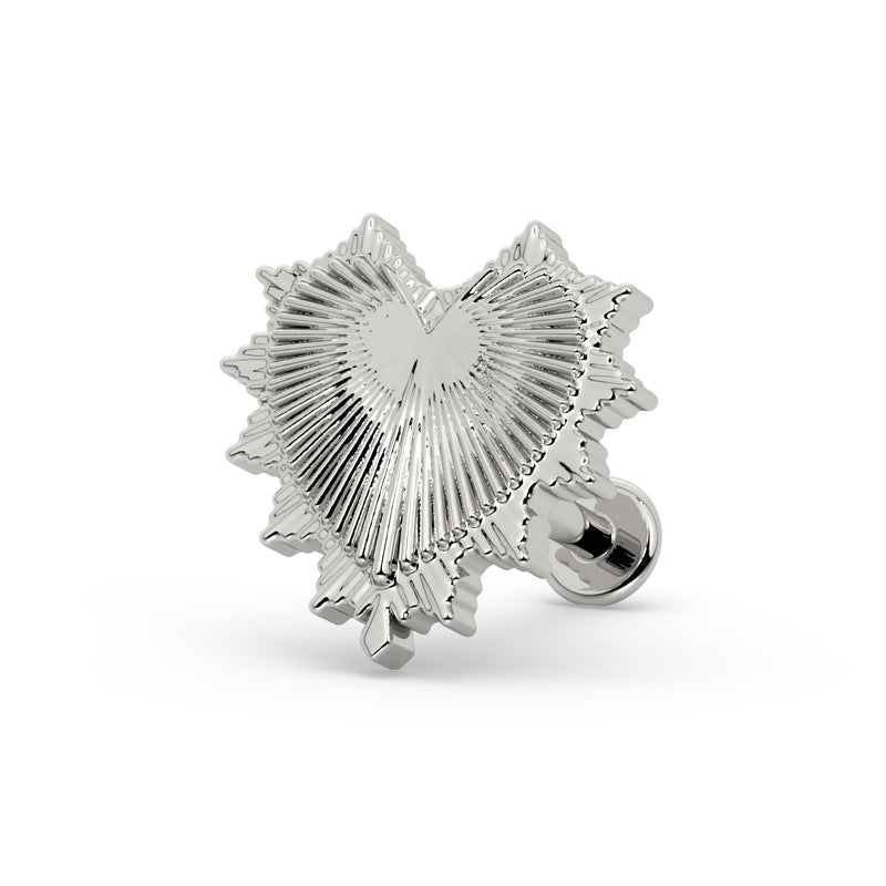 14k white gold radiant heart flat back labret stud, front view with threaded disc backing, white background