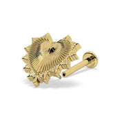 14k yellow gold radiant heart threadless flat back labret showing pin post and disc backing, white background