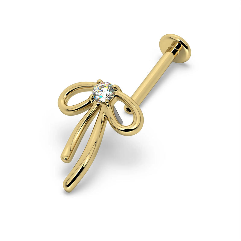 14k yellow gold ribbon bow diamond flat back stud, side profile showing post length and flat disc
